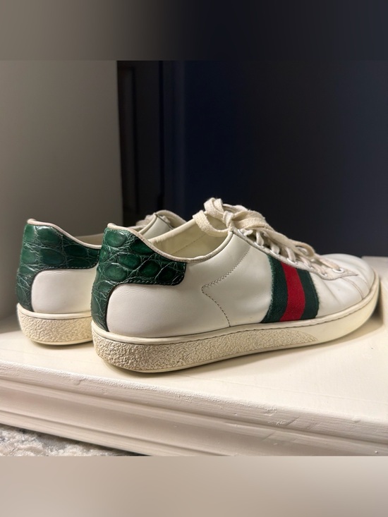 Gucci Shoes - Gucci White Leather Sneakers with Green Croc Heel & Red/Green Stripe